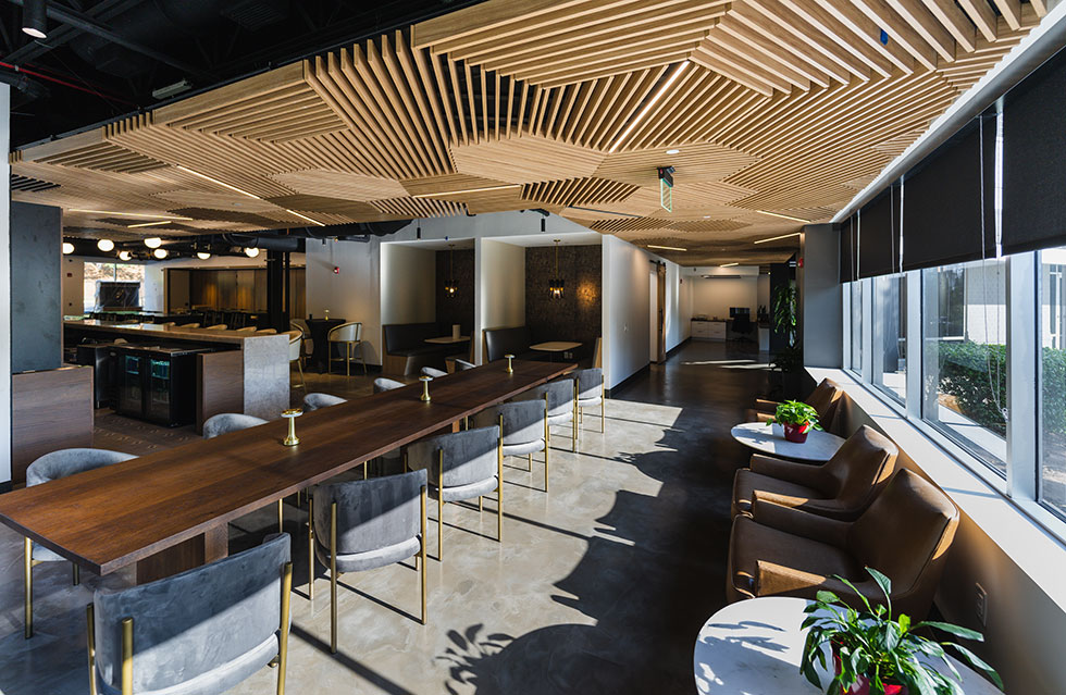 Grille style wood ceiling tiles in dining space