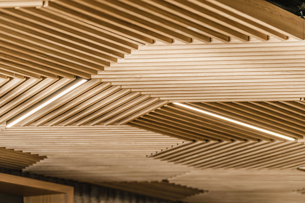 Grille style wood ceiling tiles close up