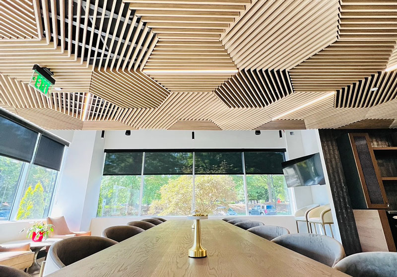 grille ceiling panels over dining table