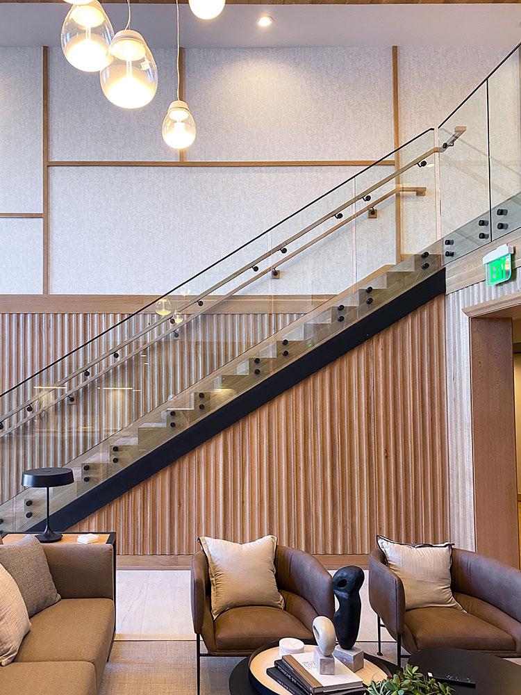 commercial lounge with wood linear wall panels