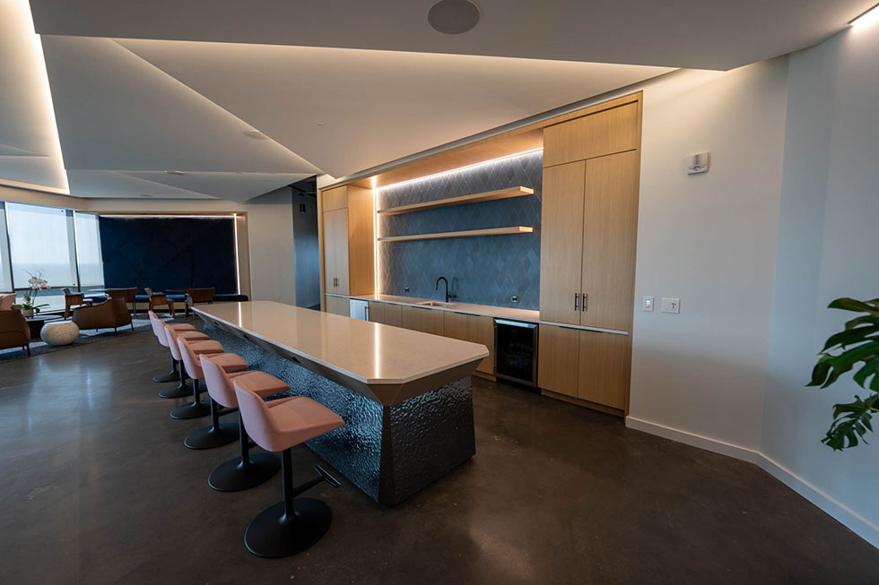 Office bar space with wood wall panels