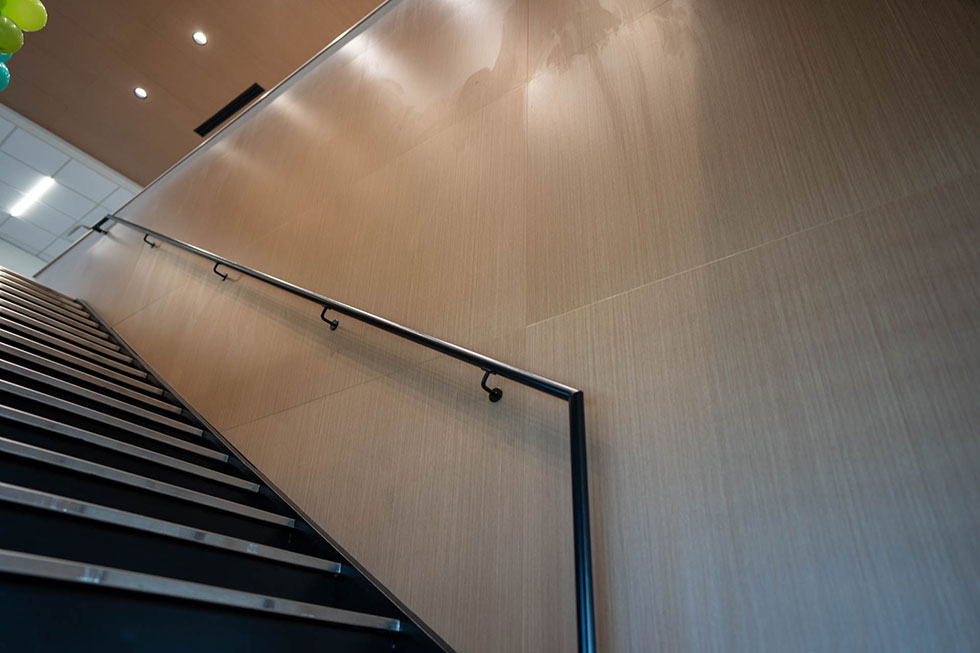 office stairwell with panel wood walls