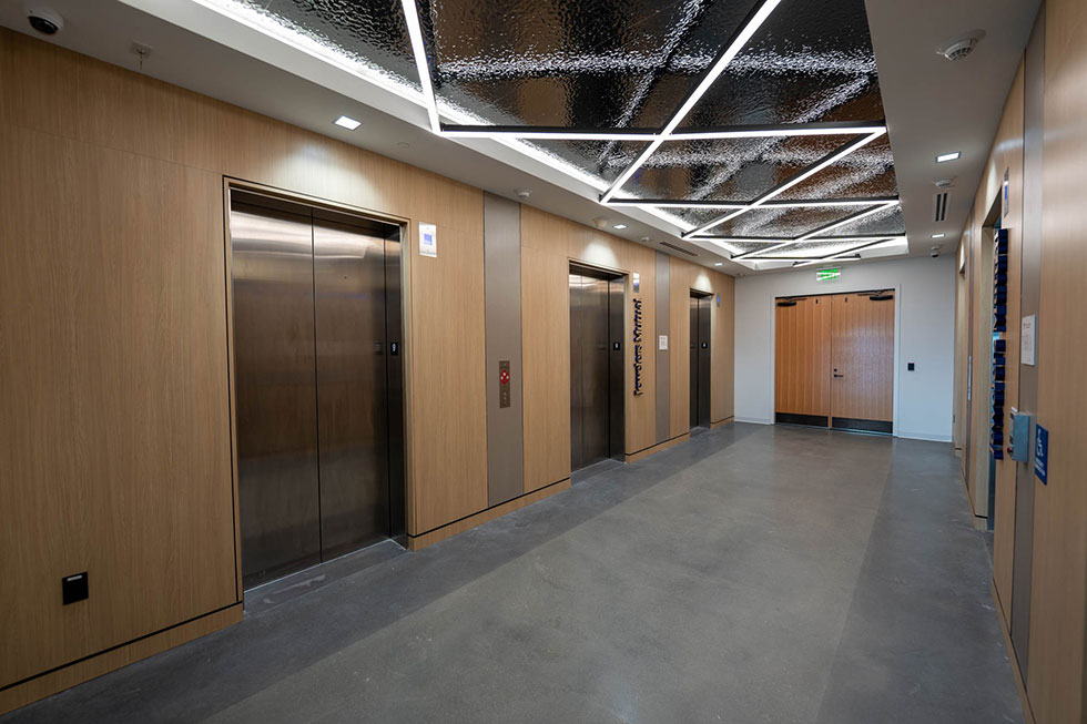 elevator lobby with wood wall panels