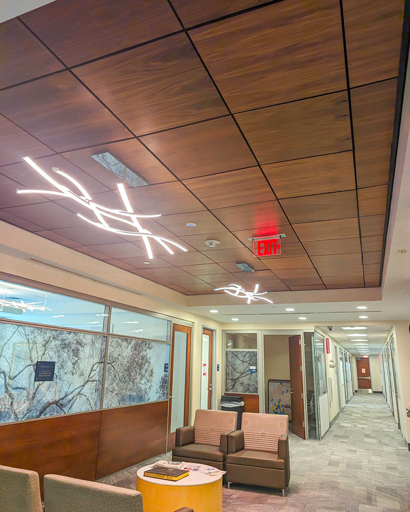 wood panel ceiling tiles in lobby area